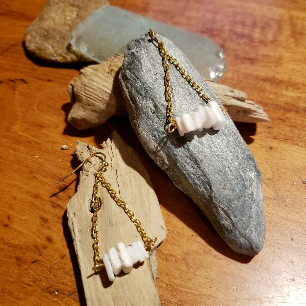 Handmade Seashell Chain Gold & White Earrings